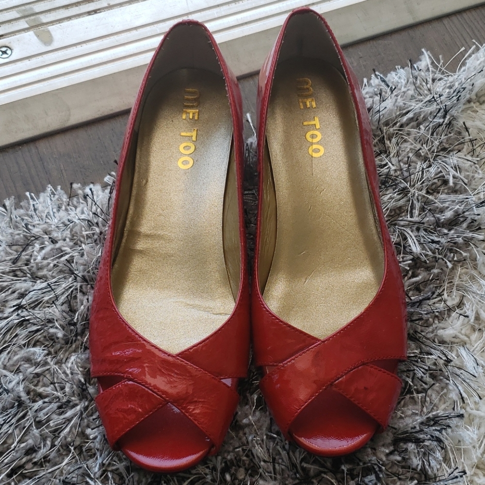 Me too red patent leather wedge heels, size 7